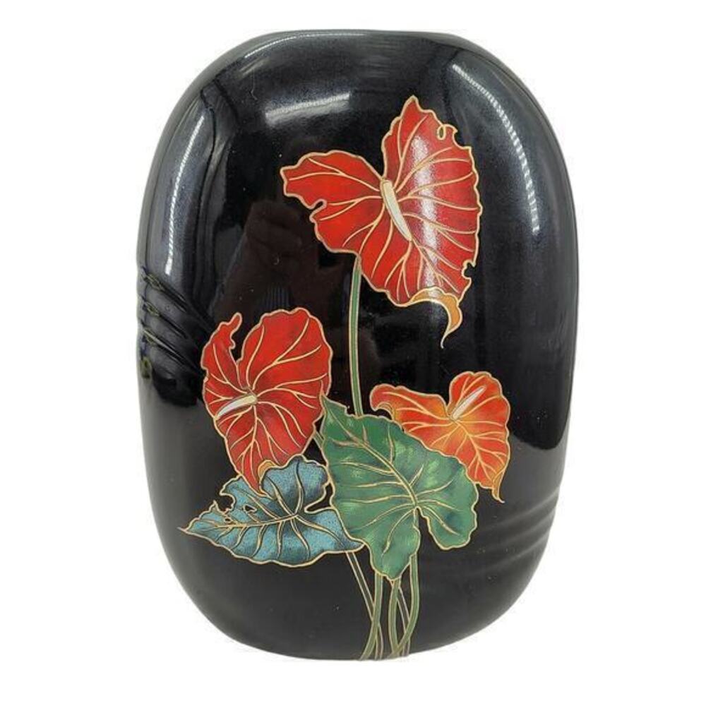 Vintage 80s‎ Toyo Japan Black Orange Bird of Paradise Bubble Vase 2-2